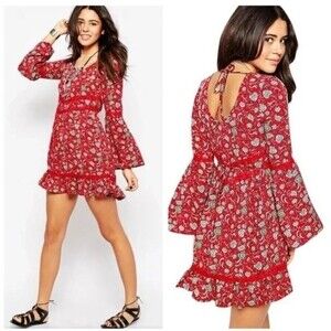 band of gypsies red paisley floral bell sleeve mini dress